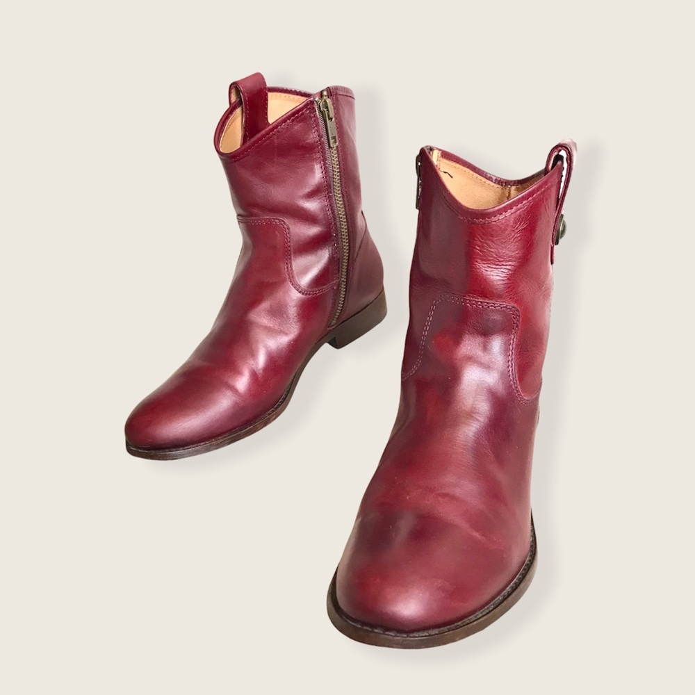 Frye Melissa Button Short Burgundy Italian Leather Pull On Casual Ankle Boots - Picture 14 of 16